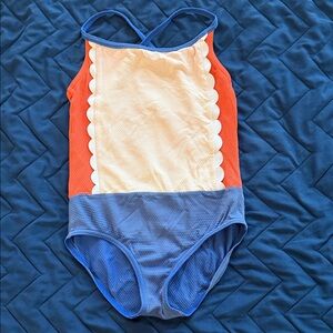 Mini Boden Kids One Piece Swimsuit in Blue, Orange, and Cream